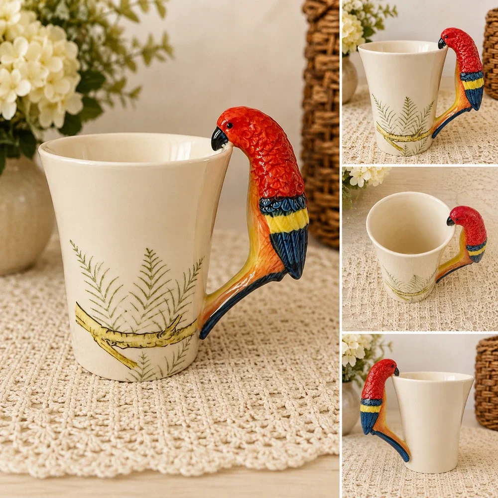 Pier1 Imports Parrot Mug 3D Bird Handle Hand Painted Stoneware Tropical 16 oz